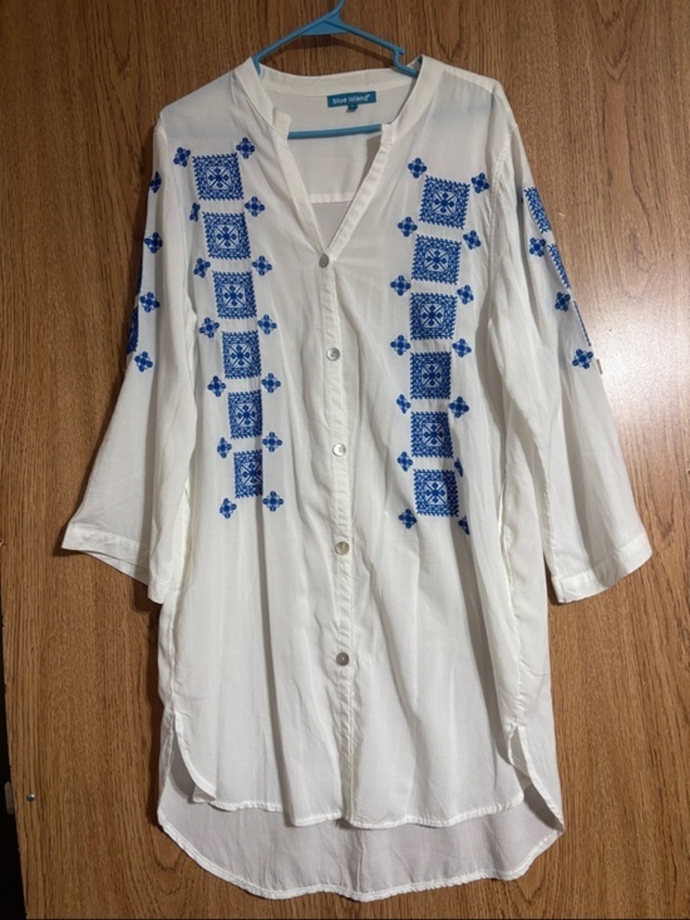 blue island White coverup with Blue Embroidered Panels